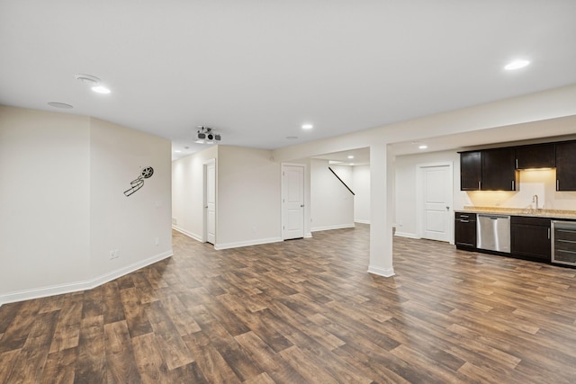 5270 Jewel Ln N, Plymouth, MN 55446 - finished below grade area featuring dark wood finished floors, recessed lighting, baseboards, and beverage cooler