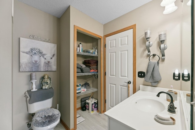 bathroom featuring vanity, wood-type flooring, and a textured ceiling