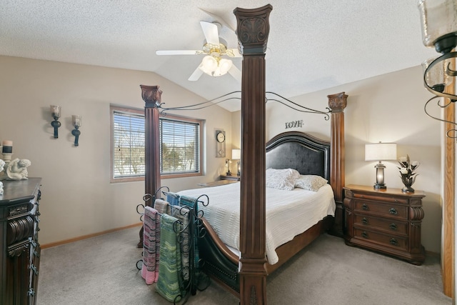 bedroom featuring light carpet, ceiling fan, vaulted ceiling, and a textured ceiling