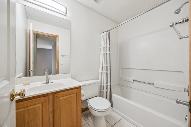 full bathroom featuring shower / bathtub combination with curtain, tile patterned flooring, vanity, a textured ceiling, and toilet