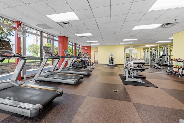 workout area with expansive windows and a drop ceiling