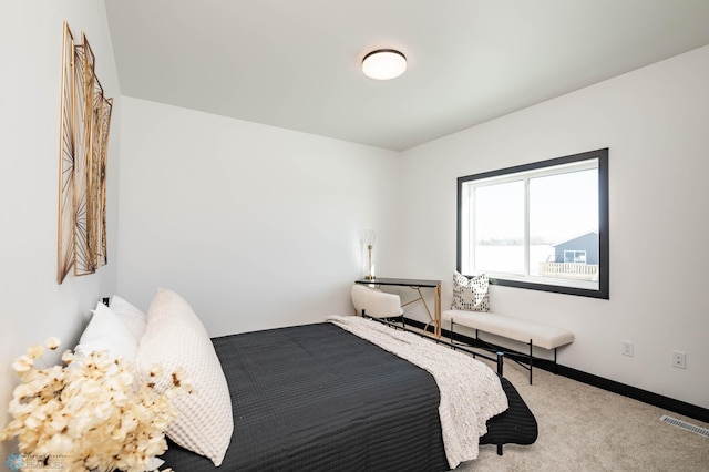 bedroom featuring carpet flooring, visible vents, and baseboards