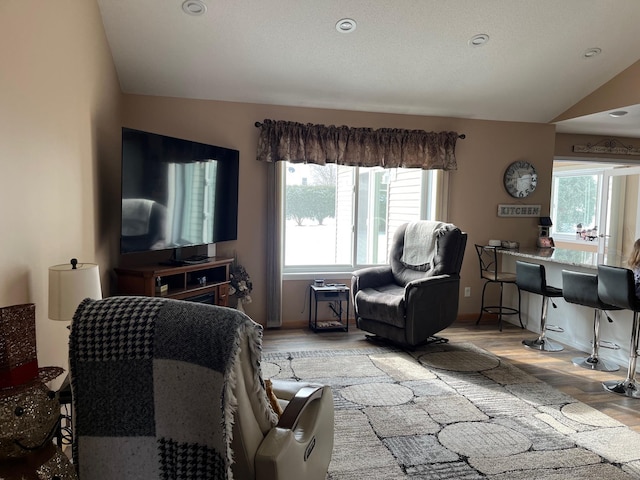 living room with vaulted ceiling and hardwood / wood-style floors