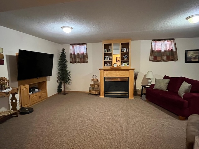 living room featuring a textured ceiling and carpet flooring