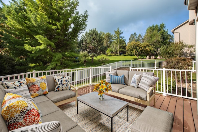 wooden deck featuring an outdoor living space