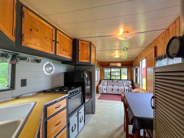 kitchen with wooden walls, sink, decorative backsplash, and a wealth of natural light