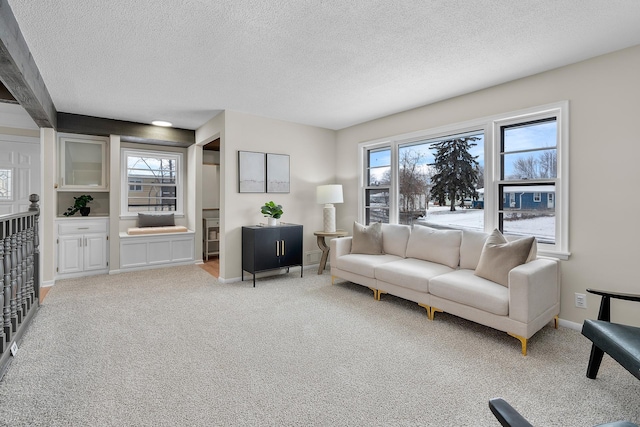 living room featuring carpet floors and a textured ceiling