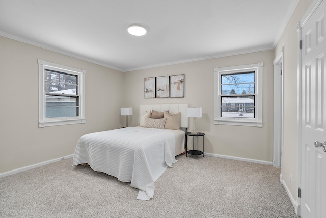 bedroom featuring ornamental molding and light carpet