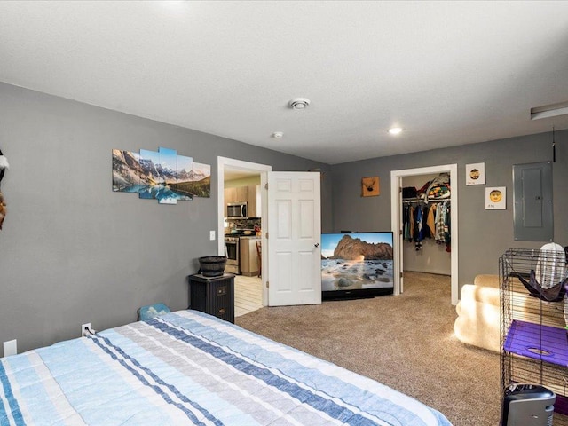 bedroom featuring carpet flooring, electric panel, a closet, and a spacious closet