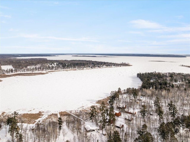 snowy aerial view featuring a water view