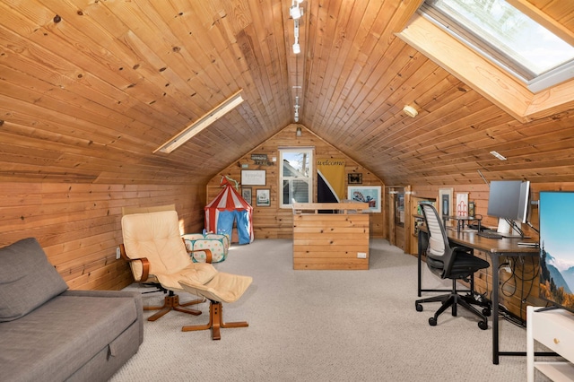 home office featuring lofted ceiling with skylight, wood ceiling, wooden walls, and carpet