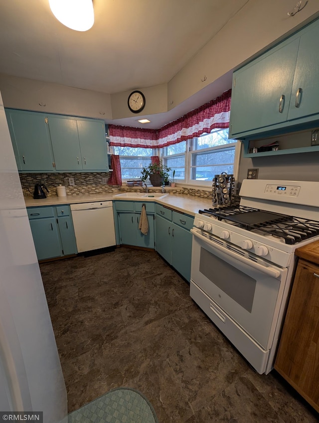 kitchen featuring ventilation hood, sink, white appliances, and decorative backsplash