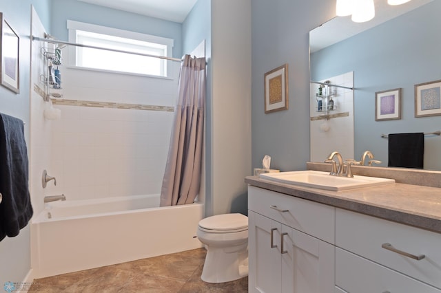 full bathroom with vanity, shower / bath combination with curtain, and toilet