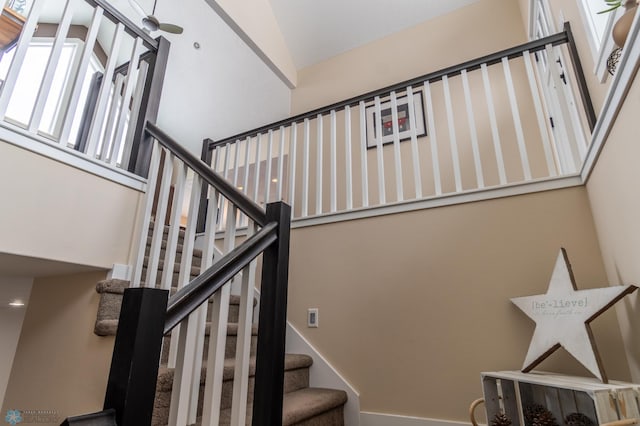 staircase featuring a towering ceiling