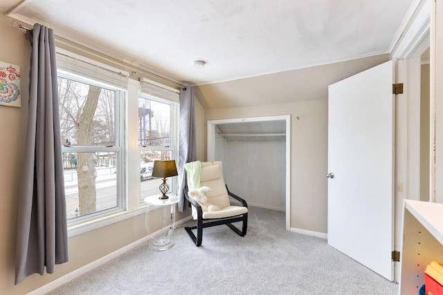 sitting room with lofted ceiling and light carpet