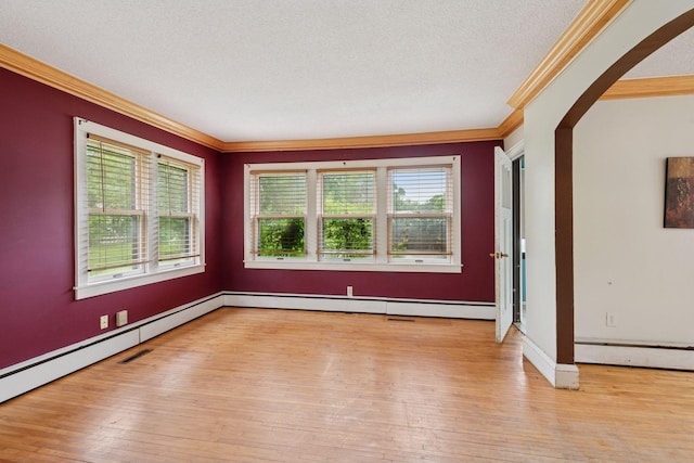 5801 23rd Ave S, Minneapolis, MN 55417 - empty room featuring crown molding, arched walkways, hardwood / wood-style flooring, a baseboard radiator, and a textured ceiling