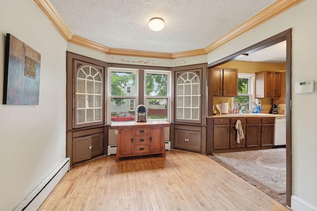 5801 23rd Ave S, Minneapolis, MN 55417 - office area featuring a baseboard radiator, ornamental molding, a textured ceiling, and light wood-type flooring