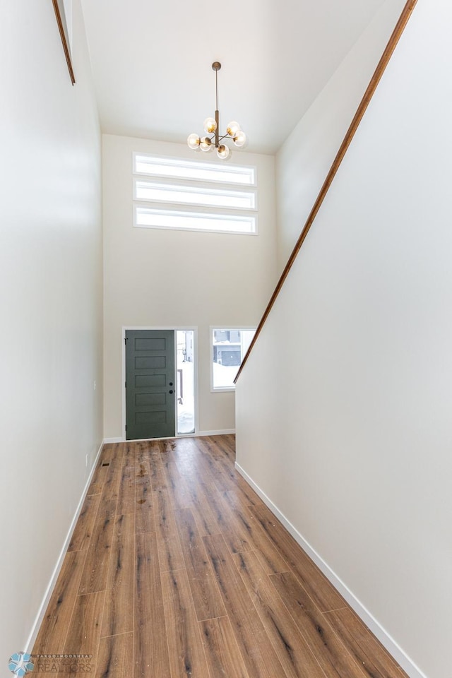 entryway with a notable chandelier, hardwood / wood-style floors, a high ceiling, and a wealth of natural light