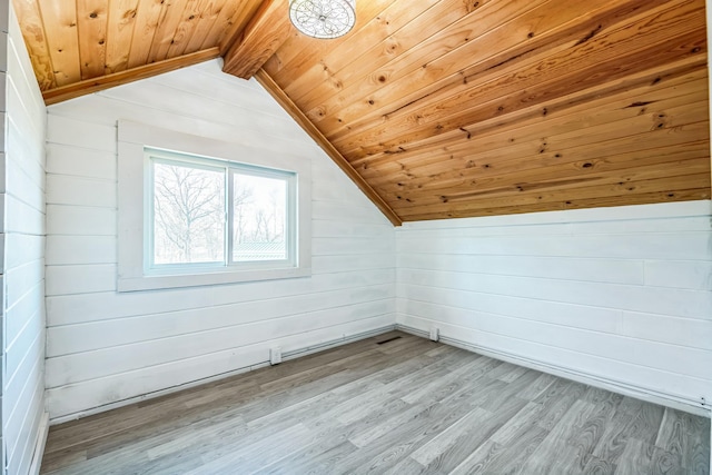 bonus room with wood walls, wood ceiling, lofted ceiling with beams, and wood finished floors