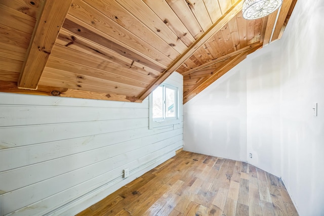 additional living space with light wood-style flooring, wood ceiling, and lofted ceiling