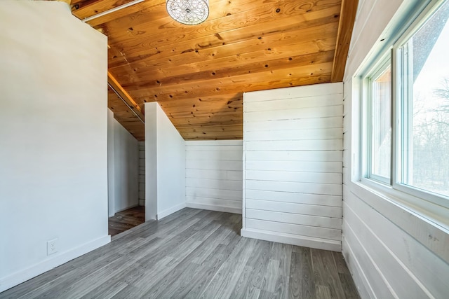 additional living space featuring baseboards, wood walls, wood ceiling, vaulted ceiling, and wood finished floors