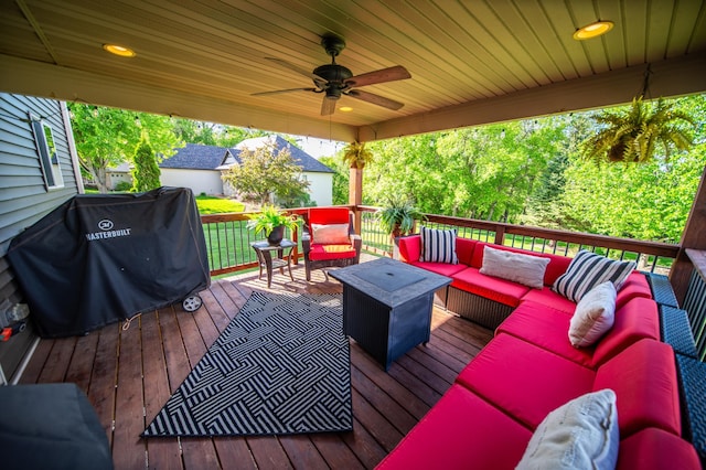 2441 Rosewood Ln SW, Rochester, MN 55902 - wooden terrace with outdoor lounge area, area for grilling, and a ceiling fan