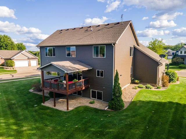 2441 Rosewood Ln SW, Rochester, MN 55902 - rear view of property with a yard, a shingled roof, and a wooden deck