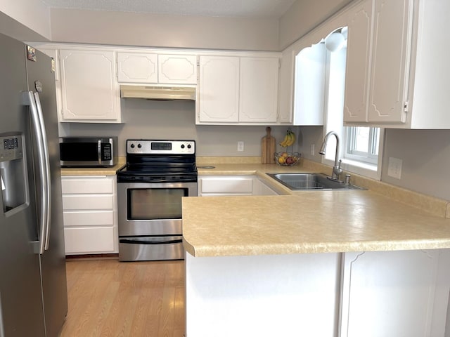 kitchen featuring white cabinetry, sink, stainless steel appliances, and kitchen peninsula