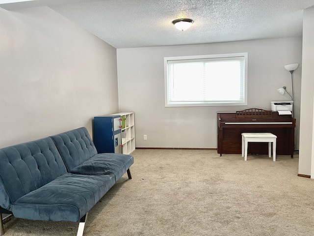 living area featuring light colored carpet and a textured ceiling