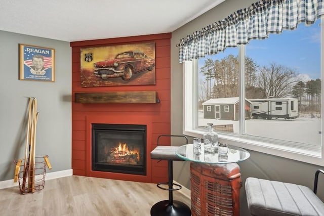 living area with a large fireplace, baseboards, and wood finished floors