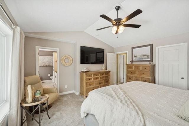 bedroom featuring lofted ceiling, light colored carpet, ceiling fan, and baseboards