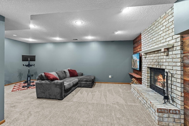 17130 Uplander Cir NW, Andover, MN 55304 - carpeted living room featuring a brick fireplace, a textured ceiling, and baseboards
