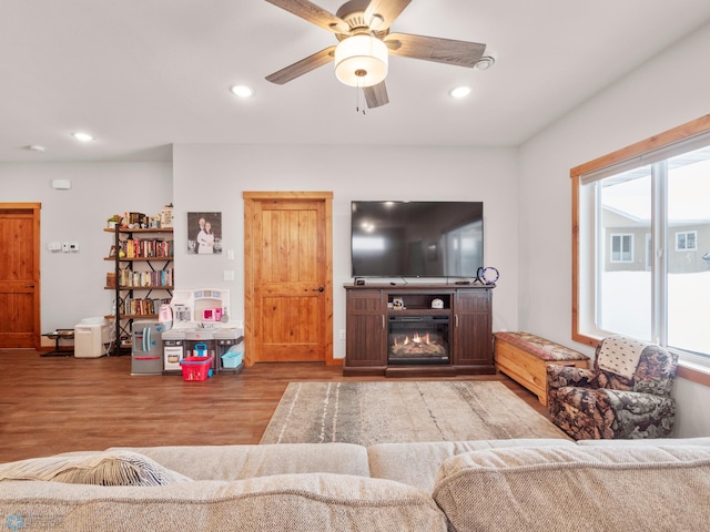 living room with ceiling fan and light hardwood / wood-style floors