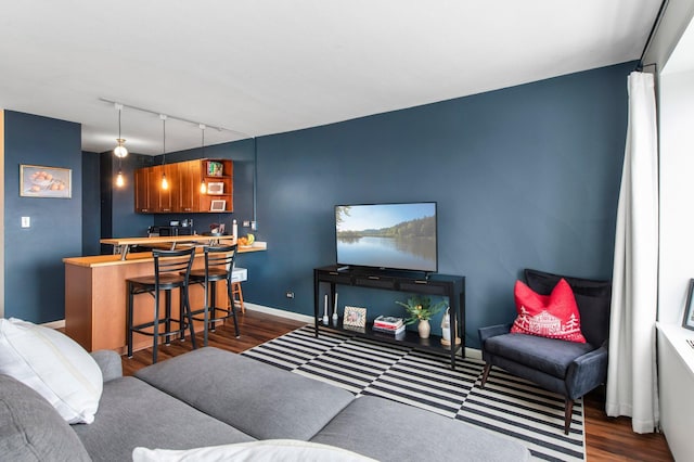 living room featuring track lighting and dark hardwood / wood-style flooring