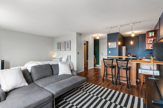 living room featuring track lighting and dark hardwood / wood-style floors