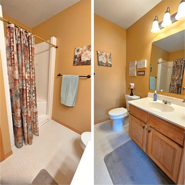 full bathroom with baseboards, toilet, vanity, a shower with curtain, and a textured ceiling