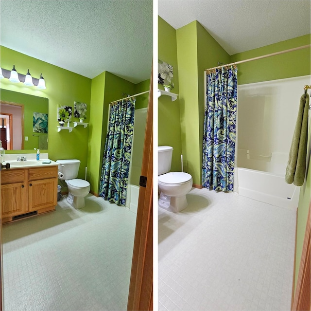 bathroom with toilet, vanity, and a textured ceiling