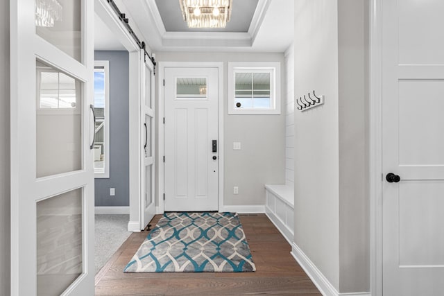 entrance foyer with dark hardwood / wood-style flooring, plenty of natural light, a barn door, and a raised ceiling