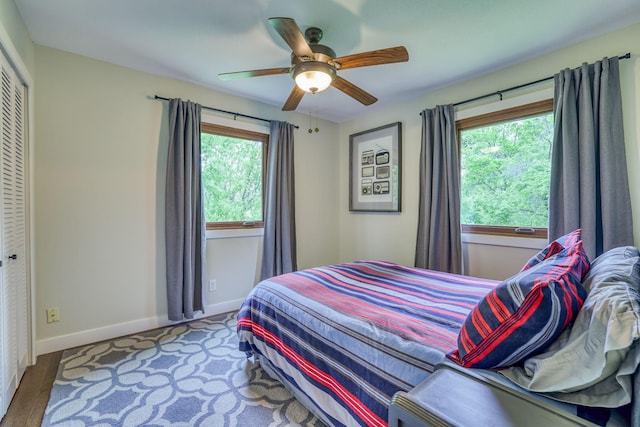 bedroom with ceiling fan, a closet, light hardwood / wood-style floors, and multiple windows