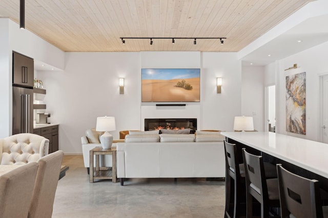 1325 State Highway 27, Ladysmith, WI 54848 - living area with track lighting, baseboards, wood ceiling, concrete floors, and a glass covered fireplace
