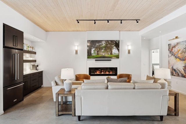 1325 State Highway 27, Ladysmith, WI 54848 - living area featuring wood ceiling, track lighting, a glass covered fireplace, and finished concrete floors