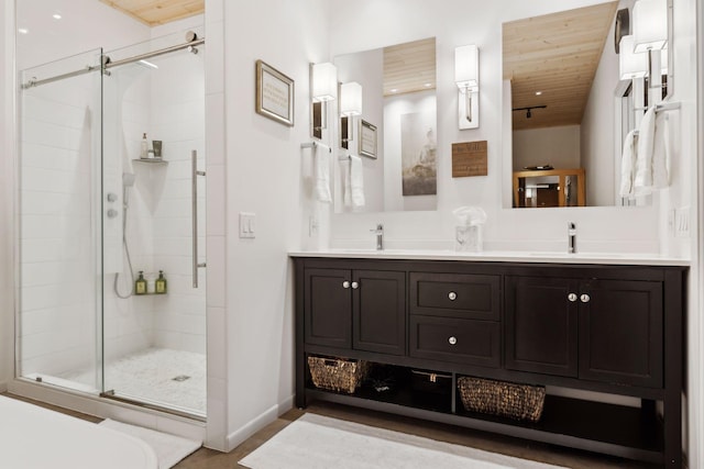 1325 State Highway 27, Ladysmith, WI 54848 - bathroom featuring wooden ceiling, a sink, and a shower stall
