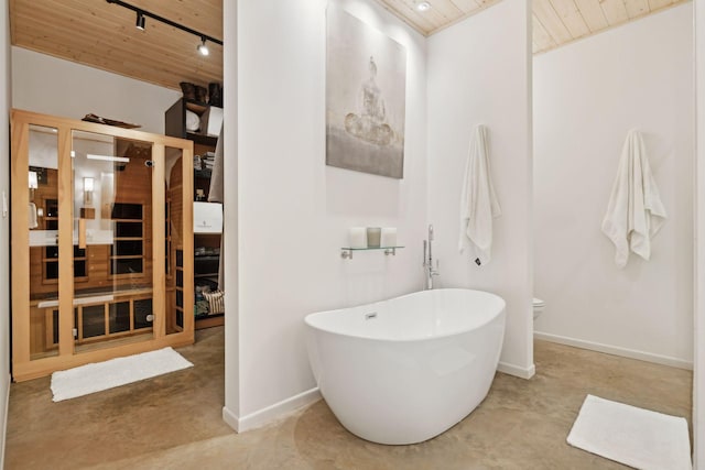 1325 State Highway 27, Ladysmith, WI 54848 - bathroom with track lighting, toilet, baseboards, a freestanding tub, and wooden ceiling