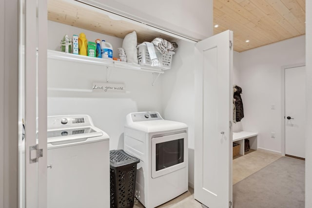 1325 State Highway 27, Ladysmith, WI 54848 - washroom with light carpet, wooden ceiling, washer and dryer, and laundry area