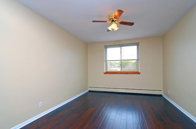 unfurnished room with dark wood-type flooring, ceiling fan, and a baseboard heating unit