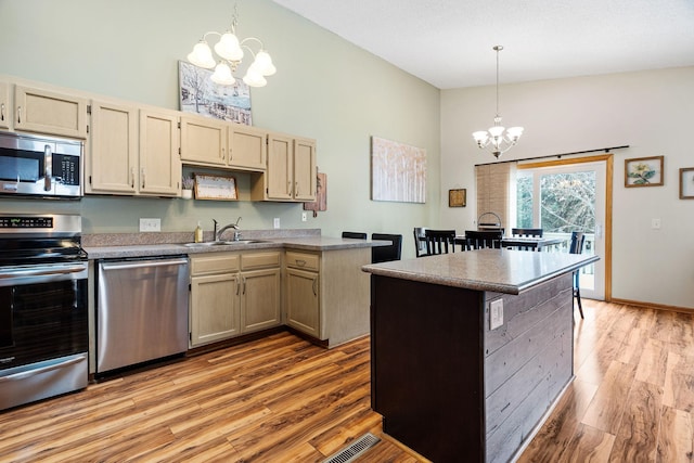 kitchen featuring stainless steel appliances, a chandelier, a sink, and light wood finished floors