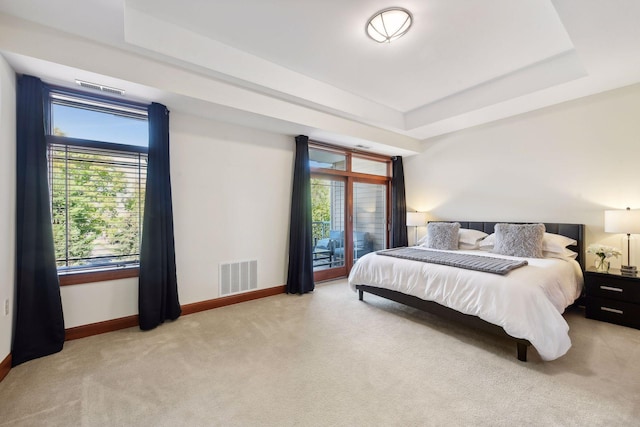 carpeted bedroom featuring a tray ceiling