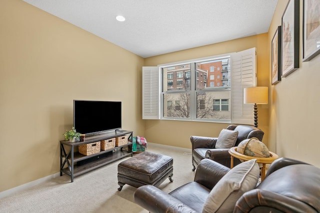 living room featuring light colored carpet and a textured ceiling