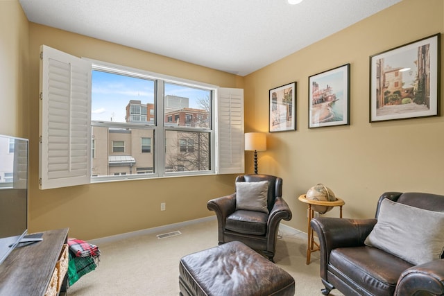 living area with carpet flooring and a textured ceiling