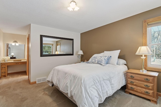 bedroom featuring light colored carpet, ensuite bathroom, and a textured ceiling